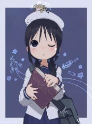 Rule 34 | 2girls, :&lt;, alternate costume, bag, black eyes, black hair, blue sailor collar, blue skirt, blush, book, chibi, chibi on head, chito (shoujo shuumatsu ryokou), commentary request, creature on head, fish (symbol), hair over shoulder, highres, holding, holding book, long hair, long sleeves, looking up, low twintails, multiple girls, nuko (shoujo shuumatsu ryokou), on head, pleated skirt, purple background, sailor collar, school uniform, serafuku, shirt, shoujo shuumatsu ryokou, shoulder bag, simple background, size difference, skirt, star (symbol), turbo engine (rakugaki tabo), twintails, white shirt, yuuri (shoujo shuumatsu ryokou)