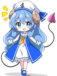 1girl :d alternate_hair_color blue_dress blue_eyes blue_hair blue_shoes blush brown_horns commentary_request curled_horns demon_girl demon_tail dress full_body highres horns kotatsu-mazoku lilith_(machikado_mazoku) lilith_(machikado_mazoku)_(homunculus) long_hair looking_at_viewer machikado_mazoku neckerchief notice_lines open_mouth sailor_collar shoes sidelocks simple_background sleeveless sleeveless_dress smile socks solo standing tail very_long_hair white_background white_sailor_collar white_socks wrist_cuffs yellow_neckerchief