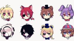 Rule 34 | 2girls, 6+boys, :&lt;, animal ears, antenna hair, balloon boy (fnaf), bear ears, black sclera, blonde hair, blue eyes, bonnie (fnaf), chibi, chica, closed mouth, colored sclera, eyepatch, five nights at freddy&#039;s, five nights at freddy&#039;s 2, foxy (fnaf), freddy fazbear, head only, looking at viewer, low ponytail, lulu-999, mangle, multiple boys, multiple girls, ponytail, purple hair, rabbit ears, short hair, simple background, striped hat, the puppet (fnaf), white background, white eyes