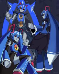 absurdres android black_sclera blue_hair colored_sclera colored_skin grey_skin hatsune_miku highres ksayyn metal_sonic neo_metal_miku neo_metal_sonic red_eyes sonic_(series) spiked_belt twintails vocaloid