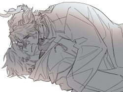Rule 34 | 2boys, arknights, blood, blood on face, chongyue (arknights), closed eyes, coat, commentary request, death, doctor (arknights), dragon boy, dragon horns, earrings, high collar, highres, horns, jewelry, kiss, korean commentary, long hair, long sleeves, low ponytail, lying, male doctor (arknights), male focus, monochrome, multiple boys, nills, on back, pointy ears, ponytail, simple background, white background, yaoi