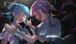 2girls blue_eyes blue_hair blush bow closed_eyes confetti crying facing_another hair_ornament hair_ribbon hairclip happy highres holding_another&#039;s_wrist hololive hololive_idol_uniform_(origin) hoshimachi_suisei idol_clothes long_hair looking_at_another multicolored_hair multiple_girls official_alternate_costume one_eye_closed open_mouth pink_hair purple_hair ribbon senriyama short_sleeves side_ponytail smile streaked_hair streaming_tears sweat tears tokoyami_towa twintails upper_body virtual_youtuber wrist_cuffs