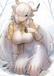 1girl ahoge blush bow bowtie brown_eyes collared_shirt commentary_request dress female_focus frilled_dress frills gloves hair_bow hair_over_one_eye hair_tubes highres kemono_friends kneeling koruse long_hair looking_at_viewer neck_ribbon ox_ears ox_girl ox_horns ribbon shirt short_sleeves solo t-shirt twintails white_dress white_gloves white_hair white_neckwear yak_(kemono_friends) yellow_shirt