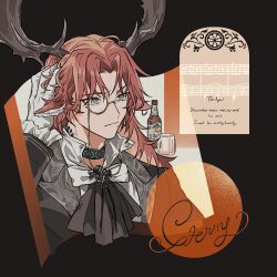 1boy animal_ears antlers arknights ascot black_ascot black_background black_coat bottle character_name coat commentary cropped_torso cup czerny_(arknights) deer_boy deer_ears frilled_coat frills gloves highres horns infection_monitor_(arknights) long_sleeves male_focus simple_background sirakaro solo musical_staff white_gloves