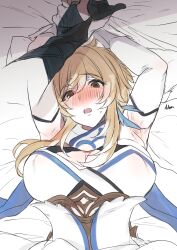 1girl absurdres armor armpits arms_up artist_name black_bridal_gauntlets blonde_hair blue_trim blush breasts bridal_gauntlets brown_hair cleavage detached_sleeves eyelashes genshin_impact gloves gold_ring grabbing_another&#039;s_hand halterneck hetero highres japanese_armor kote kurokote large_breasts looking_at_viewer lumine_(genshin_impact) lying middle_ring nan7719318 on_back on_bed open_mouth partially_fingerless_gloves pov pov_hands scaramouche_(genshin_impact) scarf short_hair short_hair_with_long_locks sidelocks sweatdrop teeth upper_teeth_only vambraces veins veiny_hands wanderer_(genshin_impact) white_scarf white_sleeves
