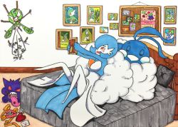 1girl absurdres altaria alternate_color arms_up artist_name bidoof black_eyes blue_hair blue_skin blush blush_stickers box breasts bulletin_board calendar cherrim cherubi chocolate colored_sclera colored_skin creatures_(company) eating english_text envelope closed_eyes female_focus full_body gallade game_freak gardevoir gen_1_pokemon gen_3_pokemon gen_4_pokemon gengar hair_over_one_eye happy heart heart-shaped_box heart-shaped_pupils highres indoors japanese_text kirlia knife looking_down lunatone medium_breasts multicolored_skin nintendo on_bed open_mouth orange_eyes orange_ribbon outstretched_arms photo_(object) picture_frame pillow pokemon pokemon_(creature) ralts reclining red_sclera ribbon rope sharp_teeth shiny_pokemon short_hair signature sitting sleeping smile swablu symbol-shaped_pupils teeth traditional_media translation_request two-tone_skin white_skin yandere yuumikuchi