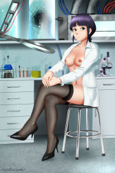Rule 34 | 1girl, alternate breast size, beaker, black footwear, black thighhighs, bleach, blunt bangs, braid, breasts, breasts out, collarbone, crossed arms, crossed legs, desk, drawer, expressionless, female focus, green eyes, high heels, highres, katzueki, kurotsuchi nemu, lab coat, laboratory, long hair, looking at viewer, machinery, magnifying glass, microscope, naked shirt, navel, nipples, open clothes, open shirt, purple hair, scientist, shirt, signature, single braid, sitting, small breasts, solo, stool, test tube, thighhighs, white shirt