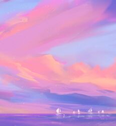 artist_name boat cloud commentary day no_humans ocean original outdoors pink_clouds pink_sky pink_theme sailboat scenery signature sky water watercraft zandra