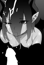 1boy 1girl absurdres breasts close-up closed_mouth commentary_request cum cum_on_body cum_on_hair facial gradient_hair greyscale hair_between_eyes hetero highres long_hair monochrome multicolored_hair nipples nude one_eye_closed original penis pointy_ears translucent_hair untsuku