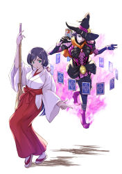 Rule 34 | 1girl, broom, card, dancing stars on me!, fire, full body, hakama, hakama skirt, hat, highres, japanese clothes, jojo no kimyou na bouken, jojo pose, long hair, love live!, love live! school idol project, miko, ponytail, shamakho, skirt, stand (jojo), tarot, tarot card, tarot set, tojo nozomi, witch hat