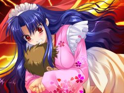 1boy 1girl angry blue_hair blush breast_press breast_smother breasts face_to_breasts female_focus femdom fujisawa_maki game_cg headlock hetero kinmedai_pink large_breasts long_hair maid megami_taisen red_eyes smother solo