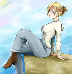 1girl alternate_costume annie_leonhart blonde_hair farm flatpancakesjim hair_bun looking_at_viewer overalls shingeki_no_kyojin simple_background sitting solo sweater