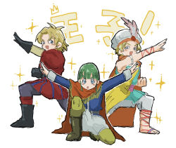 3boys aqua_eyes black_gloves blonde_hair blue_shirt blunt_bangs blunt_ends cape commentary_request dragon_quest dragon_quest_v dragon_quest_vii dragon_quest_xi faris_(dq11) feathers fringe_trim gloves green_hair hat_feather henry_(dq5) henshin_pose highres in-franchise_crossover karumoimoi kiefer long_hair looking_at_another looking_at_viewer male_focus multiple_boys on_one_knee open_mouth prince puffy_short_sleeves puffy_shorts puffy_sleeves red_cape red_tunic shirt short_sleeves shorts sketch sparkle trait_connection translation_request tunic turban white_background white_shorts white_trim