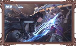 2girls black_hair bodysuit commentary english_commentary fighting frown goddess_of_victory:_nikke grey_eyes grey_hair hat holding holding_sheath holding_sword holding_weapon katana long_hair looking_at_another multiple_girls official_art pants picture_frame raven_(stellar_blade) scarlet_(nikke) second-party_source sheath shirt smile straw_hat sword weapon white_bodysuit white_pants white_shirt yellow_eyes