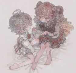 1boy 1girl bandaged_arm bandages barefoot cherub curly_hair dress flower frilled_dress frills full_body holding_hands long_hair original red_flower red_rose rose short_hair short_sleeves shorts sitting womb_74