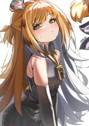 1girl absurdres animal_ears artist_name blonde_hair blush closed_mouth detached_sleeves green_eyes grey_shirt grey_sleeves highres ju_fufu long_hair looking_at_viewer multicolored_hair rirua_(kjom802) shirt simple_background solo sweat tiger_ears tiger_girl two-tone_hair white_background white_hair zenless_zone_zero