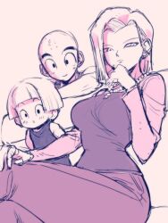 1boy 2girls android_18 bald bald_male black_eyes couch couple dragon_ball family father_and_daughter happy husband_and_wife jewelry kuririn marron_(dragon_ball) mother_and_daughter multiple_girls necklace pearl_necklace serious smile surprised