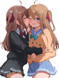 Rule 34 | 2girls, absurdres, ahoge, aqua bow, aqua bowtie, black cardigan, black skirt, blue eyes, blue sailor collar, blue skirt, blush, bow, bowtie, brown hair, cardigan, closed eyes, collared shirt, commentary, cowboy, dress shirt, english commentary, evil neuro-sama, from side, hair between eyes, hair ornament, hair ribbon, heart, heart hair ornament, highres, long hair, long sleeves, looking at viewer, multiple girls, neuro-sama, off-shoulder cardigan, one eye closed, open mouth, pleated skirt, red bow, red bowtie, red ribbon, ribbon, sailor collar, second-party source, shirt, siblings, simple background, sisters, skirt, skull hair ornament, star button, twins, two side up, vedal ai, western, white background, white shirt, yellow cardigan, zinkaa