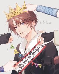 ah_yoshimizu arm_warmers black_gloves black_jacket blue_eyes brown_hair crown earrings final_fantasy final_fantasy_viii fingerless_gloves fur_collar gloves grey_background happy_birthday irvine_kinneas jacket jewelry looking_at_viewer male_focus out_of_frame paper_crown parted_bangs quistis_trepe rinoa_heartilly scar scar_on_face selphie_tilmitt short_hair single_earring smile solo_focus squall_leonhart upper_body zell_dincht