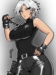 1girl bare_shoulders belt breasts christie_(doa) dead_or_alive fingerless_gloves gloves highres large_breasts paddy_g_(terrybrogard) pants short_hair sleeveless sunglasses sweater white_hair
