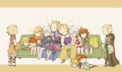 4girls 6+boys ahoge alisaie_leveilleur alphinaud_leveilleur armor basch_fon_ronsenburg blanket blonde_hair brother_and_sister brothers brown_hair cape chelinka couch dissidia_final_fantasy dissidia_final_fantasy_opera_omnia edgar_roni_figaro elezen elf final_fantasy final_fantasy_crystal_chronicles:_ring_of_fates final_fantasy_iv final_fantasy_vi final_fantasy_xii final_fantasy_xiv finger_to_mouth gabranth_(ff12) lann_(world_of_final_fantasy) leaning_on_person multiple_boys multiple_girls namit palom pillow pointy_ears porom reynn_(world_of_final_fantasy) sabin_rene_figaro shushing siblings silver_hair sitting sleeping smile standing trait_connection twins world_of_final_fantasy yuri_(ffcc)
