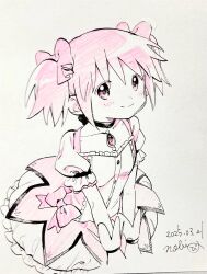 1girl black_bow black_choker bow bow_choker bubble_skirt buttons center_frills chest_jewel choker closed_mouth collarbone commentary_request cropped_legs dated dot_nose dress frilled_dress frilled_skirt frilled_sleeves frills gloves hair_between_eyes hair_bow hands_on_lap highres kaname_madoka light_blush magical_girl mahou_shoujo_madoka_magica mahou_shoujo_madoka_magica_(anime) miniskirt no+bi= photo_(medium) pink_bow pink_dress pink_eyes pink_gemstone pink_hair pink_theme puffy_short_sleeves puffy_sleeves short_dress short_hair short_sleeves short_twintails signature skirt skirt_under_dress smile solo square_neckline tareme traditional_media twintails waist_bow white_gloves white_skirt white_sleeves