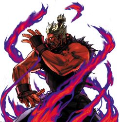 1boy akuma_(street_fighter) angry beads black_dougi capcom capcom_vs_snk capcom_vs_snk_2 clenched_hand clenched_teeth dougi energy facing_to_the_side fighting_stance fingerless_gloves game_cg gloves glowing glowing_eyes highres male_focus mma_gloves muscular muscular_male nishimura_kinu non-web_source official_art powering_up prayer_beads rope_belt shin_akuma sleeveless solo street_fighter teeth topknot torn_clothes torn_sleeves white_background white_eyes white_hair