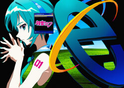 1girl absurdres arm_tattoo bliss_(image) closed_mouth cloud commentary_request eyelashes green_eyes green_hair green_nails green_necktie hands_up hatsune_miku highres internet_explorer logo microsoft_windows nail_polish necktie number_tattoo own_hands_together saiku_(zvlku) see-through_clothes see-through_shirt shirt sideways_glance sky solo tattoo vocaloid windows_media_player windows_xp