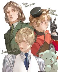 3boys animal animal_ears animal_nose artist_name axis_powers_hetalia bear bear_ears black_gloves black_hat blonde_hair blue_necktie blush breast_pocket brown_hair buttons canada_(hetalia) character_name chinese_commentary clipboard closed_mouth collared_shirt commentary_request flag glasses gloves green_eyes green_jacket green_necktie grey-framed_eyewear hair_over_one_eye hand_up hat highres holding holding_flag jacket lapels leather leather_gloves lips lithuania_(hetalia) long_sleeves looking_at_viewer luxembourg_(hetalia) male_focus military_hat military_jacket military_uniform mini_hat multiple_boys necktie pocket polar_bear purple_eyes red_flag red_jacket semi-rimless_eyewear shirt short_hair simple_background smile striped_clothes striped_shirt teeth upper_body v vertical-striped_clothes vertical-striped_shirt vest white_background white_fur white_shirt white_vest zhongerweiyuan