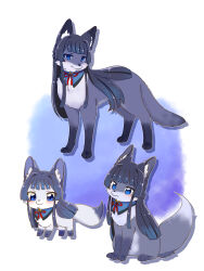 Rule 34 | animal, animal ear fluff, animal focus, animalization, black hair, blue eyes, closed mouth, drop shadow, fox, highres, hutaba, idolmaster, idolmaster million live!, long hair, looking at viewer, mogami shizuka, multiple views, no humans, outline, sitting, white background, white outline