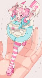 Rule 34 | 1girl, absurdres, ahoge, apron, aqua dress, aqua hair, armband, arms up, blush, breasts, choker, colored inner hair, commentary request, dress, earrings, fang, fingernails, grey background, hair intakes, hat, heart, heart print, highres, holding, holding mini person, huge breasts, idolmaster, idolmaster cinderella girls, idolmaster cinderella girls starlight stage, in palm, jewelry, large breasts, looking at viewer, medium hair, mini person, minigirl, multicolored hair, nurse cap, open mouth, person on hand, pill earrings, pink armband, pink choker, pink eyes, pink hair, pink shoes, pink thighhighs, platform footwear, platform heels, shoes, short sleeves, size difference, skin fang, smile, solo focus, sparkle background, sparkle print, standing, standing on one leg, striped clothes, striped thighhighs, sukoyaka (100hituzi), thighhighs, thighs, two-tone hair, white apron, white hat, white thighhighs, white wrist cuffs, winged footwear, wrist cuffs, yumemi riamu