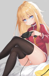 Rule 34 | 1girl, absurdres, ass, avant garde (artist), bad id, bad pixiv id, bags under eyes, bed, between legs, black thighhighs, blonde hair, blue eyes, controller, crossed legs, female focus, gabriel dropout, gabriel tenma white, game controller, highres, indoors, jacket, legs, long hair, looking at viewer, messy hair, no pants, panties, panty peek, playing games, red jacket, sitting, solo, thighhighs, thighs, track jacket, underwear, very long hair, white panties