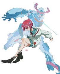1girl amate_yuzuriha aqua_eyes aqua_shirt aqua_skirt closed_mouth collared_shirt gquuuuuux green_eyes gundam gundam_gquuuuuux highres holding jodytsengart long_sleeves looking_at_viewer mecha mobile_suit necktie red_hair robot school_uniform science_fiction shirt short_hair simple_background skirt sweater v-fin weapon white_background