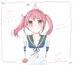 1girl animal animal_on_head badge blue_neckerchief blue_sailor_collar character_name copyright_name dated hair_bobbles hair_ornament highres kantai_collection kurohina_(kurohina_66_s) medium_hair neckerchief on_head pink_eyes pink_hair rabbit rabbit_on_head sailor_collar sailor_shirt sazanami_(kancolle) school_uniform serafuku shirt smile twintails white_shirt
