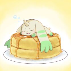 Rule 34 | closed eyes, digimon, digimon (creature), food, green fur, highres, hoshima tissue, lying, no humans, on stomach, pancake, plate, solo, terriermon, two-tone fur, white fur
