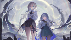 Rule 34 | 2girls, angel wings, arcaea, bandage on face, bandages, bandaid, bandaid on face, black boots, black dress, black gloves, black pantyhose, black skirt, blue eyes, blue hair, boots, bow, breasts, compassion (arcaea), detached wings, dress, earrings, full body, game cg, gloves, grey hair, hair between eyes, height difference, highres, insight (arcaea), insight (designant) (arcaea), jewelry, long sleeves, medium breasts, multicolored hair, multiple girls, non-web source, pantyhose, purple eyes, shirt, short hair, skirt, smile, socks, streaked hair, thigh strap, white hair, white shirt, white socks, white wings, wings, yellow bow