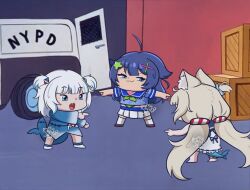 Rule 34 | 3girls, ahoge, animal ear fluff, animal ears, blonde hair, blue eyes, blue hair, blue sailor collar, blunt bangs, cat ears, crate, dress, fins, fish girl, fish tail, gawr gura, grey hair, hair ornament, hololive, hololive english, indie virtual youtuber, long hair, low twintails, meme, motor vehicle, multicolored hair, multiple girls, open mouth, pointing, pointing at another, pointing spider-man (meme), police van, sailor collar, sameko saba, sasuri (vtuber) (artist), senzawa, shark girl, shark tail, sharp teeth, skirt, star (symbol), star hair ornament, streaked hair, tail, teeth, twintails, two side up, van, very long hair, virtual youtuber, voice actor connection, white dress, x hair ornament