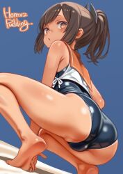 Rule 34 | 1girl, artist name, ass, barefoot, blue one-piece swimsuit, brown eyes, brown hair, dark-skinned female, dark skin, from behind, highres, i-401 (kancolle), kantai collection, looking back, one-piece swimsuit, orange sailor collar, ponytail, puddinghomhom, sailor collar, sailor shirt, school swimsuit, shirt, short ponytail, side-tie shirt, solo, squatting, swimsuit