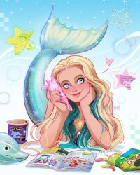 1girl aquamarine_(character) aquamarine_(movie) artist_name ben_&amp;_jerry&#039;s blonde_hair blue_eyes conch dolphin highres holding holding_shell long_hair luztapiaart lying magazine_(object) mermaid monster_girl on_stomach shell solo watermark