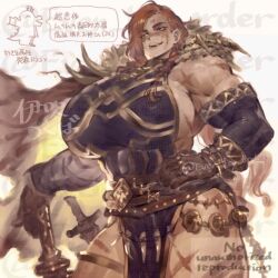 1girl 2025 artist_name asymmetrical_hair belt black_dress black_sleeves breasts brown_belt brown_gloves cape cowboy_shot dress fur_trim gigantic_breasts gloves hair_over_shoulder half-closed_eyes hand_on_own_hip ibuki_tsukuba japanese_text lace_trim long_hair low-braided_long_hair low-tied_long_hair low_ponytail muscular muscular_arms muscular_female muscular_legs open_mouth orange_hair original pelvic_curtain planted planted_sword planted_weapon ponytail scar scar_on_arm scar_on_face scar_on_leg side_slit speech_bubble sword tall_female teeth thick_thighs thighhighs thighs upper_teeth_only very_long_hair weapon yellow_eyes