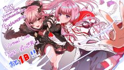2girls blunt_bangs braid hair_ornament hair_ribbon high_ponytail highres hmng holding_hands hololive hololive_english kaf_(kamitsubaki_studio) kamitsubaki_studio looking_at_viewer mori_calliope mori_calliope_(grimoire) multiple_girls pink_hair ponytail red_eyes ribbon smile thighs twin_braids