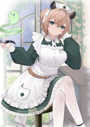 1girl absurdres apron breasts brown_hair crossed_legs dress green_dress green_eyes hat highres holding holding_smoking_pipe indie_virtual_youtuber kanadeho nimi_nightmare nurse nurse_cap on_chair one_side_up pantyhose sitting smoking_pipe solo virtual_youtuber white_apron white_pantyhose