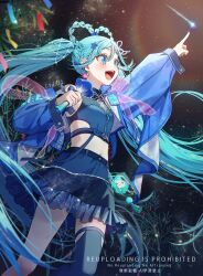 1girl :d artist_name blue_eyes blue_hair blue_jacket blue_shirt blue_skirt blue_thighhighs blush braid braided_hair_rings commentary_request cowboy_shot ctd_114 earrings hair_rings hatsune_miku heart heart_earrings highres jacket jewelry long_hair long_sleeves magical_mirai_miku magical_mirai_miku_(2025) midriff navel open_clothes open_jacket open_mouth outstretched_arm pointing shirt single_thighhigh skirt sky smile solo standing star_(sky) starry_sky teeth thighhighs tongue upper_teeth_only very_long_hair vocaloid watermark