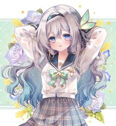Rule 34 | 1girl, arms behind back, arms up, black hairband, black ribbon, black sailor collar, blush, bow, bowtie, buttons, collared shirt, double-breasted, firefly (honkai: star rail), firefly (spring missive) (honkai: star rail), flower, gradient eyes, gradient hair, green bow, green bowtie, green pupils, grey hair, grey skirt, hair between eyes, hair intakes, hair ornament, hair ribbon, hairband, honkai: star rail, honkai (series), long hair, multicolored eyes, multicolored hair, plaid bow, plaid bowtie, plaid clothes, pleated skirt, ribbon, sailor collar, sakurano ru, shirt, signature, skirt, smile, solo, wet, white flower, white shirt