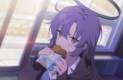 1girl annoyed black_jacket blue_archive blue_eyes blue_hair blurry blurry_background blush chicken_(food) dutch_angle eating food fried_chicken game_cg hair_between_eyes halo highres holding holding_food jacket long_hair long_sleeves looking_at_viewer mechanical_halo official_alternate_costume official_alternate_hairstyle official_art pajamas parted_bangs red_pupils shirt solo striped_clothes striped_pajamas upper_body white_shirt yuuka_(blue_archive) yuuka_(pajamas)_(blue_archive)