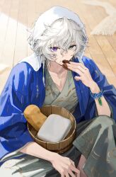 1boy absurdres bath_yukata blue_haori bracelet braid bucket collarbone commentary crossed_bangs earrings eating food food_on_face food_request green_eyes grey_kimono hair_between_eyes hand_up haori heterochromia highres holding holding_food japanese_clothes jewelry kimono knee_up long_sleeves looking_at_viewer male_focus muksal murakumo_kagetsu nijisanji on_floor open_clothes purple_eyes short_hair side_braid single_braid single_earring sitting solo sponge symbol-only_commentary towel towel_on_head virtual_youtuber wet wet_hair white_hair wide_sleeves wooden_bucket wooden_floor yukata