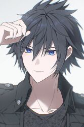 1boy arm_up black_jacket black_shirt blue_eyes closed_mouth collared_jacket commentary_request crew_neck dot_nose final_fantasy final_fantasy_xv gongju_s2 hair_between_eyes highres jacket korean_commentary male_focus noctis_lucis_caelum open_clothes open_jacket shirt simple_background solo upper_body white_background wing_collar