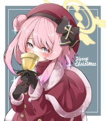 1girl black_gloves blue_archive capelet chalice coat cup datemegane drinking fur-trimmed_capelet fur_trim glint gloves hair_bun halo hat long_sleeves looking_at_viewer merry_christmas pink_eyes pink_hair red_capelet red_coat red_hat serina_(blue_archive) solo upper_body
