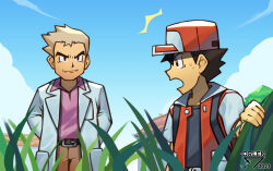 2boys artist_name belt black_belt black_eyes black_hair blonde_hair brown_pants building closed_mouth cloud coat collared_shirt commentary day grass hat highres jacket lab_coat male_focus multiple_boys nintendo open_clothes open_coat open_jacket orlek outdoors pants pokemon pokemon_rgby purple_shirt red_(pokemon) red_hat samuel_oak shirt short_hair sky spiked_hair