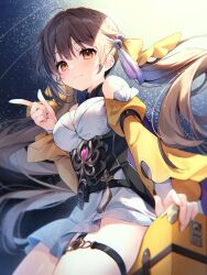 1girl :3 absurdres ahoge bare_shoulders bell blurry braid breasts brown_hair closed_mouth clothing_cutout floating_hair hair_ribbon hand_up highres honkai:_star_rail honkai_(series) index_finger_raised jingle_bell juliet_sleeves long_hair long_sleeves looking_at_viewer medium_breasts miniskirt orange_eyes puffy_sleeves ribbon shirt shoulder_cutout sitting skirt smile solo suimya sushang_(honkai:_star_rail) tassel thigh_strap thighs twintails underbust very_long_hair white_shirt white_skirt